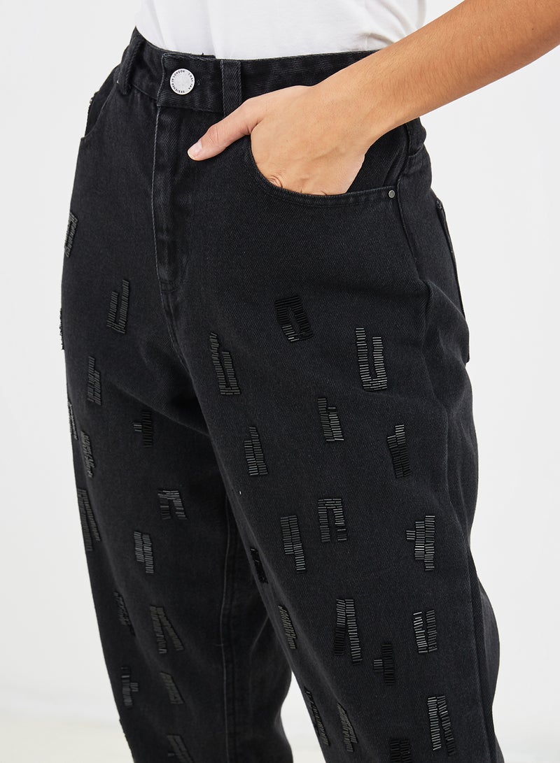 LOST INK Mom With Leopard Embellishment Jeans Washed Black  - Image 4