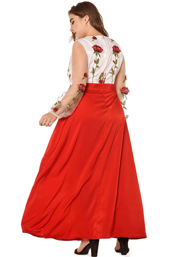 Floral Embroidery Sheer Mesh Maxi Dress Red/White - Image 2