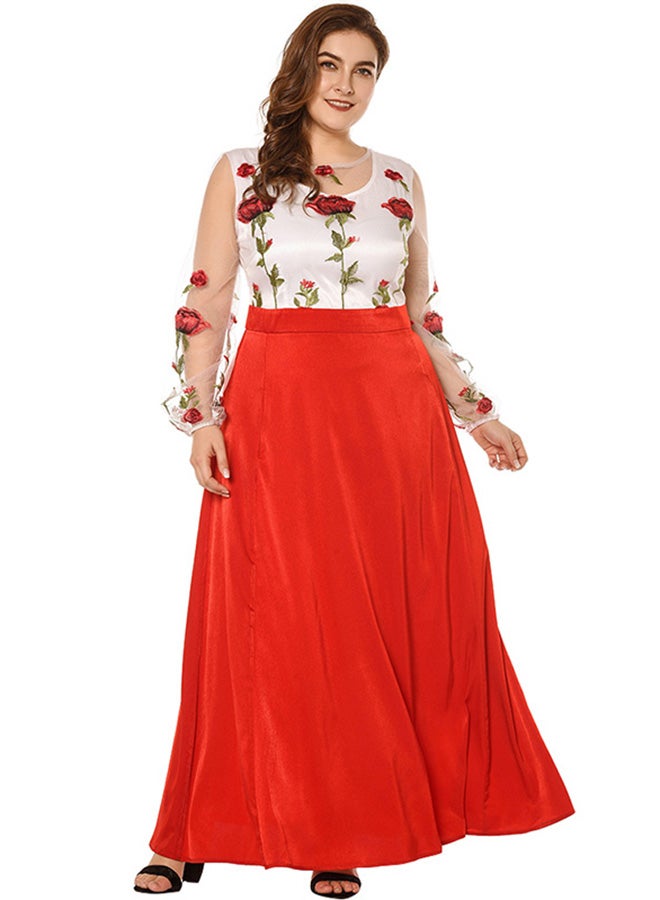 Floral Embroidery Sheer Mesh Maxi Dress Red/White - Image 1