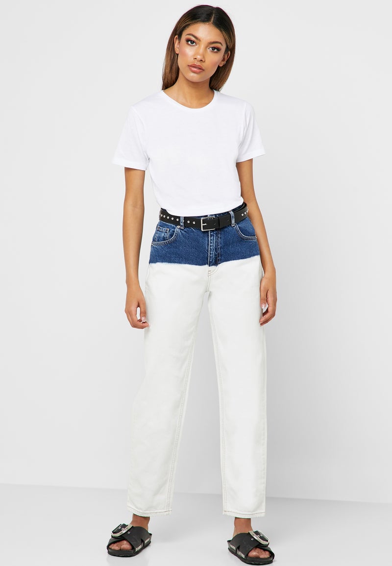 ريزرفد بنطال جينز بقصة مستقيمة وبلون أبيض أزرق / أبيض - Image 1