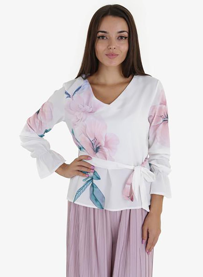 Raw Orange Floral V-Neck Blouse White  - Image 1
