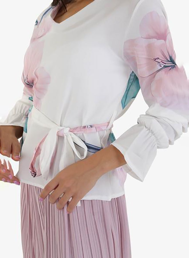 Raw Orange Floral V-Neck Blouse White  - Image 4