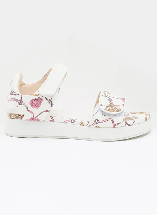 ELLE Printed Ankle Strap Sandals With Hook And Loop Closure White