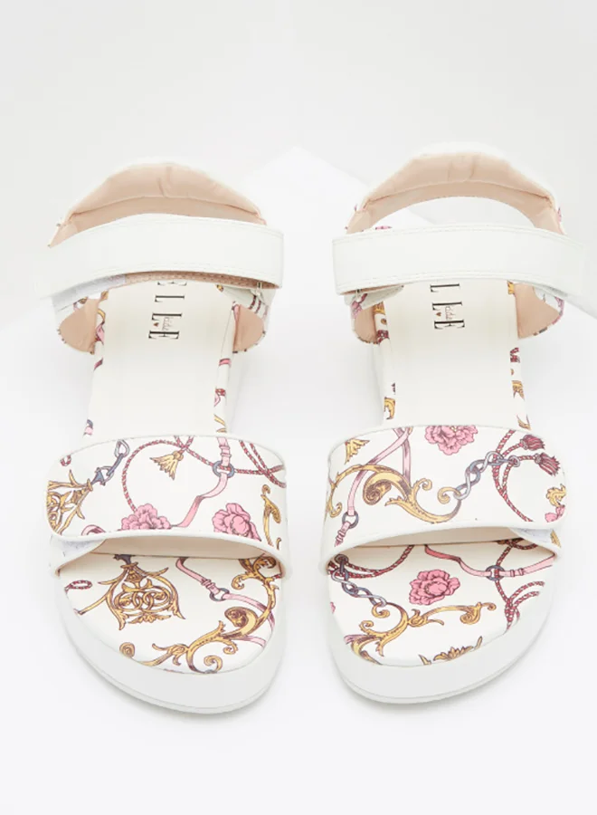 ELLE Printed Ankle Strap Sandals With Hook And Loop Closure White