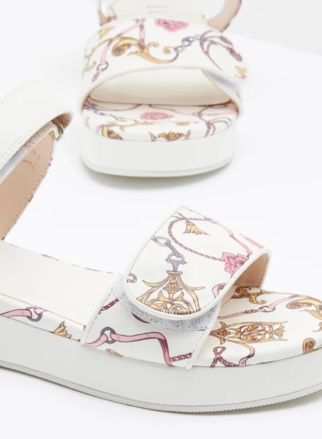 ELLE Printed Ankle Strap Sandals With Hook And Loop Closure White