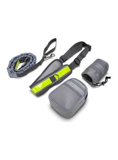 4-Piece Dog Leash With Reflective Waist Belt Dispenser Bag And Pouch Set Grey/Green