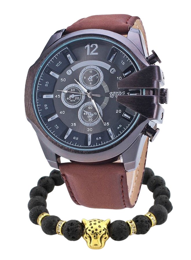 Men's PU Leather Analog Watch 2886 With Leopard Beaded Bracelet  - Image 1