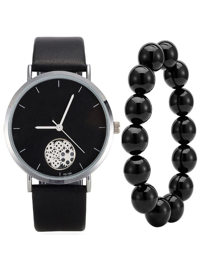 men Pointer Display PU Leather Analog Watch 2866 With Bead Bracelet  - Image 1