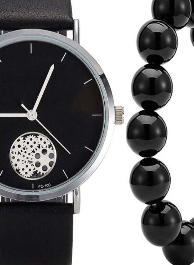 men Pointer Display PU Leather Analog Watch 2866 With Bead Bracelet  - Image 2