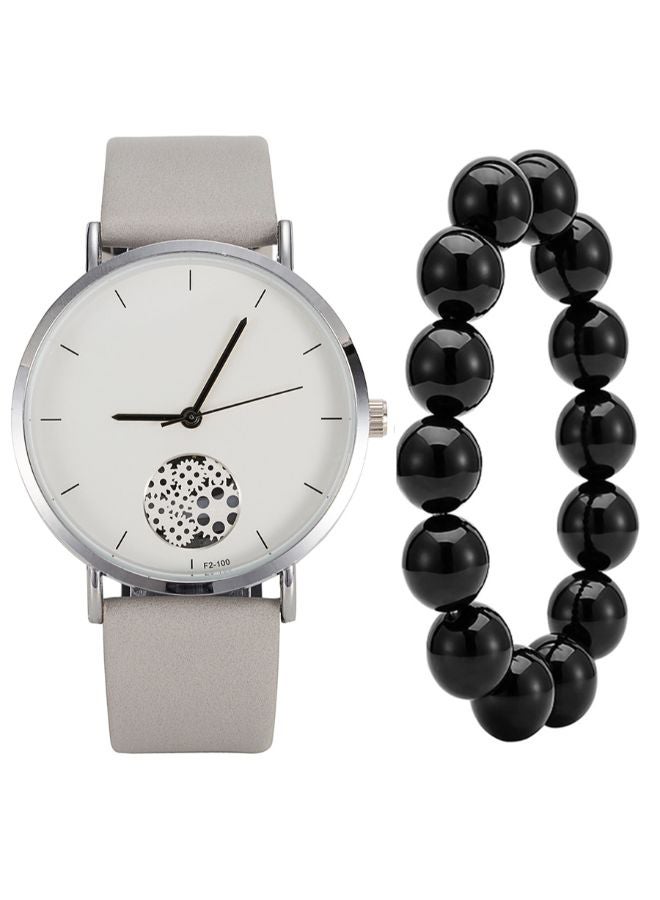 men Pointer Display PU Leather Analog Watch 2870 With Bead Bracelet  - Image 1