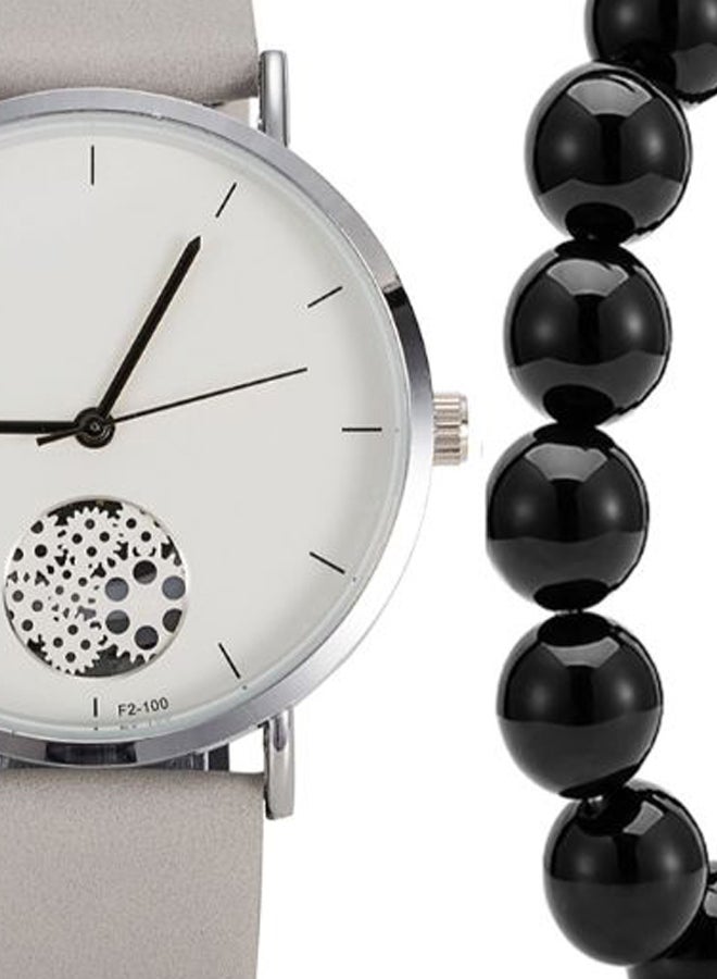 men Pointer Display PU Leather Analog Watch 2870 With Bead Bracelet  - Image 2
