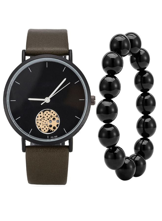 men Pointer Display PU Leather Analog Watch 2867 With Bead Bracelet  - Image 1