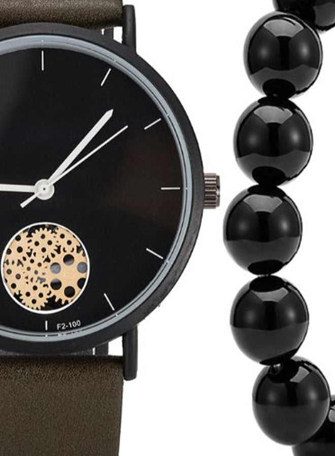 men Pointer Display PU Leather Analog Watch 2867 With Bead Bracelet  - Image 2