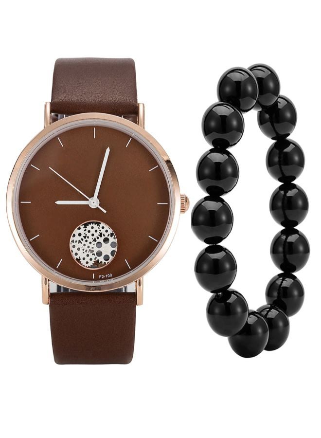 men Pointer Display PU Leather Analog Watch 2868 With Bead Bracelet  - Image 1