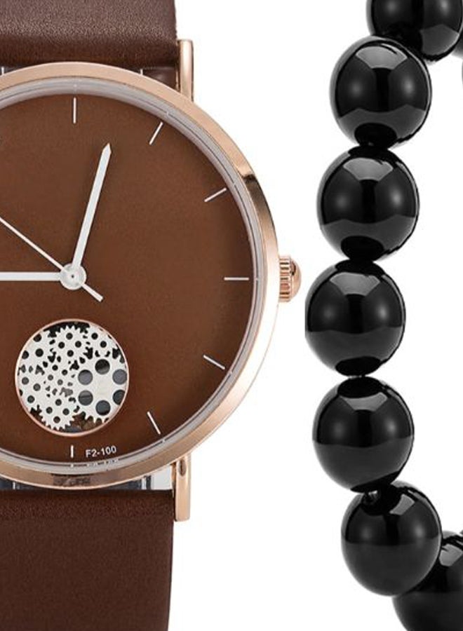 men Pointer Display PU Leather Analog Watch 2868 With Bead Bracelet  - Image 2