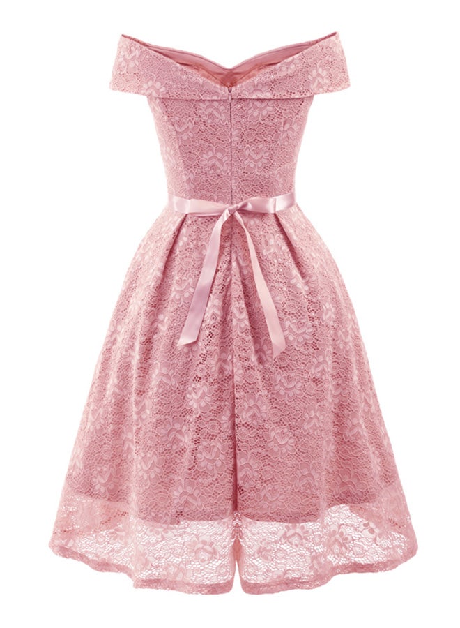 Off-Shoulder Bow Pleated A-Line Dress Pink - Image 2