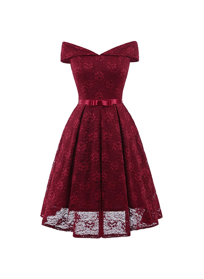 Off-Shoulder Bow Pleated A-Line Dress Burgundy  - Image 1