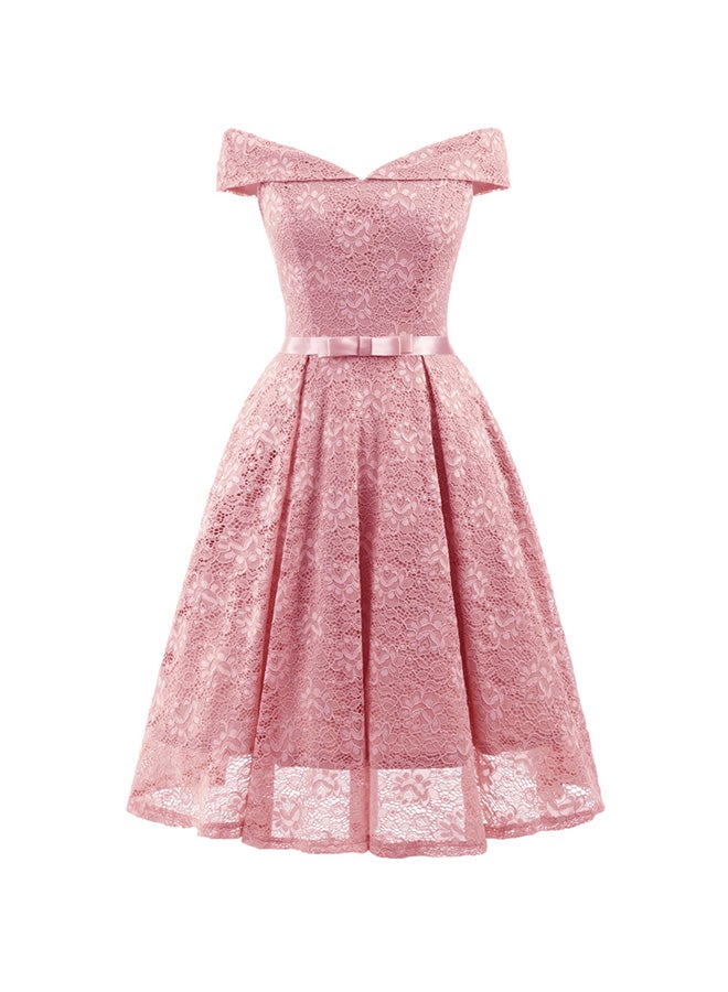 Off-Shoulder Bow Pleated A-Line Dress Pink - Image 1