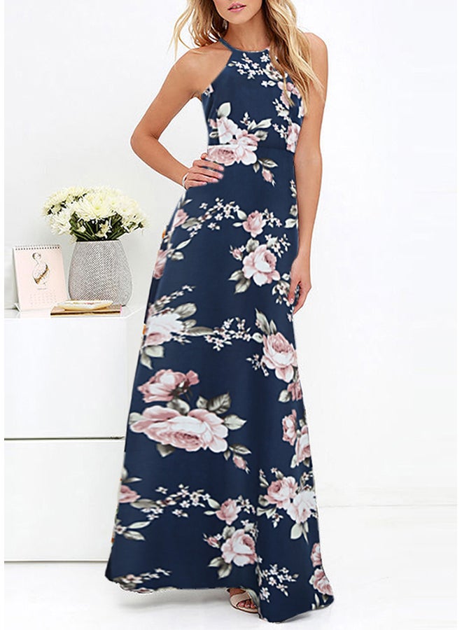 Generic - Halter Neck Floral Print Maxi Dress Dark Blue - Image 1