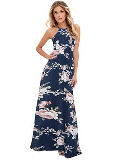 Halter Neck Floral Print Maxi Dress Dark Blue