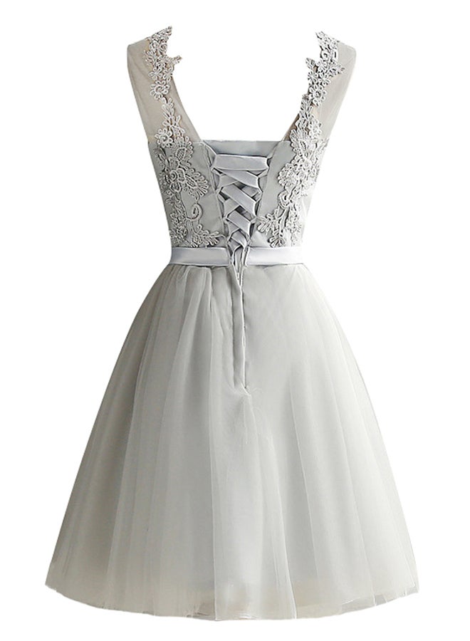 Sleeveless Embroidered Mesh Tulle Mini Dress Grey - Image 2