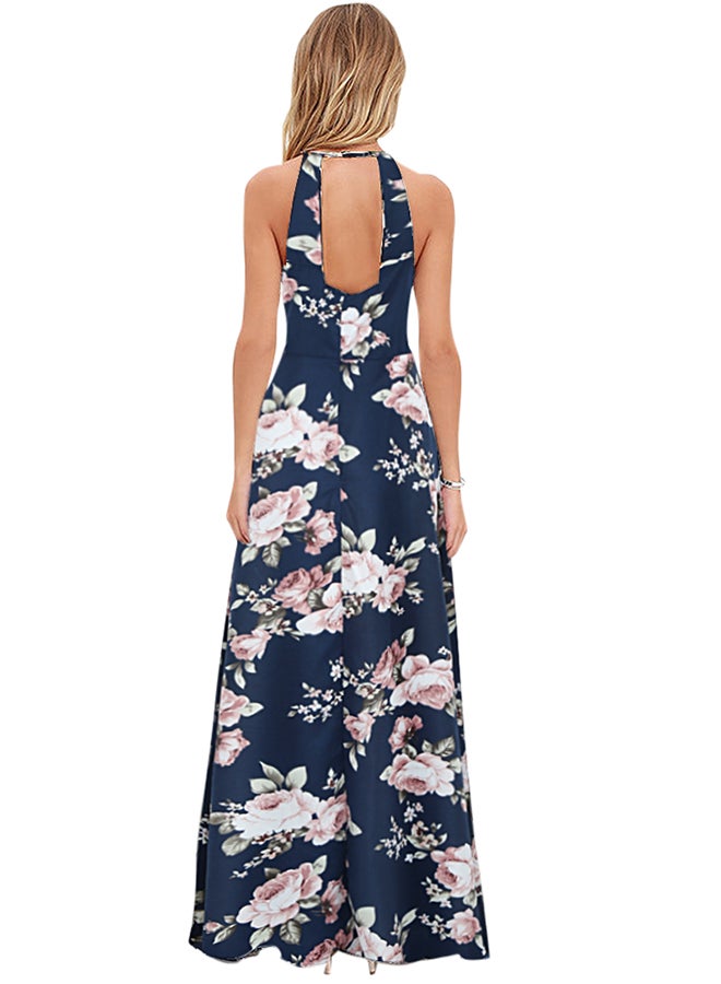 Generic - Halter Neck Floral Print Maxi Dress Dark Blue - Image 1