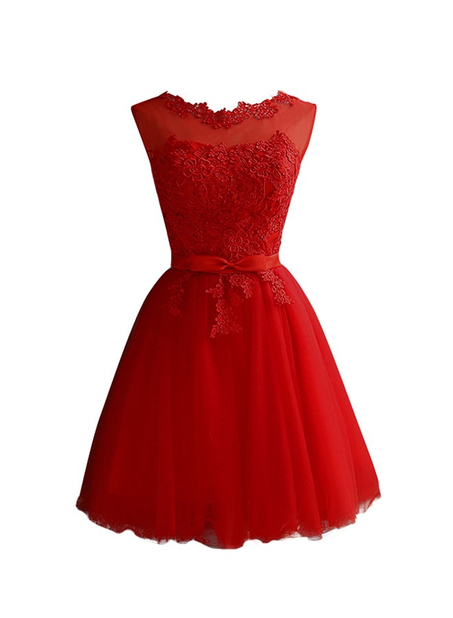 Sleeveless Embroidered Mesh Tulle Mini Dress Red - Image 1