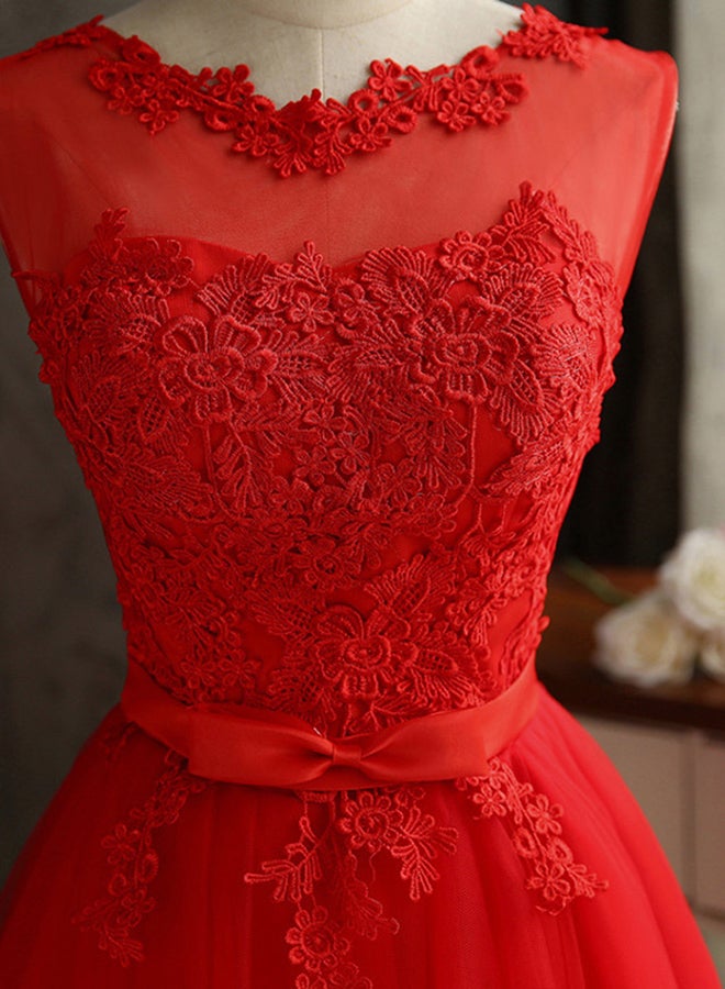 Sleeveless Embroidered Mesh Tulle Mini Dress Red - Image 4