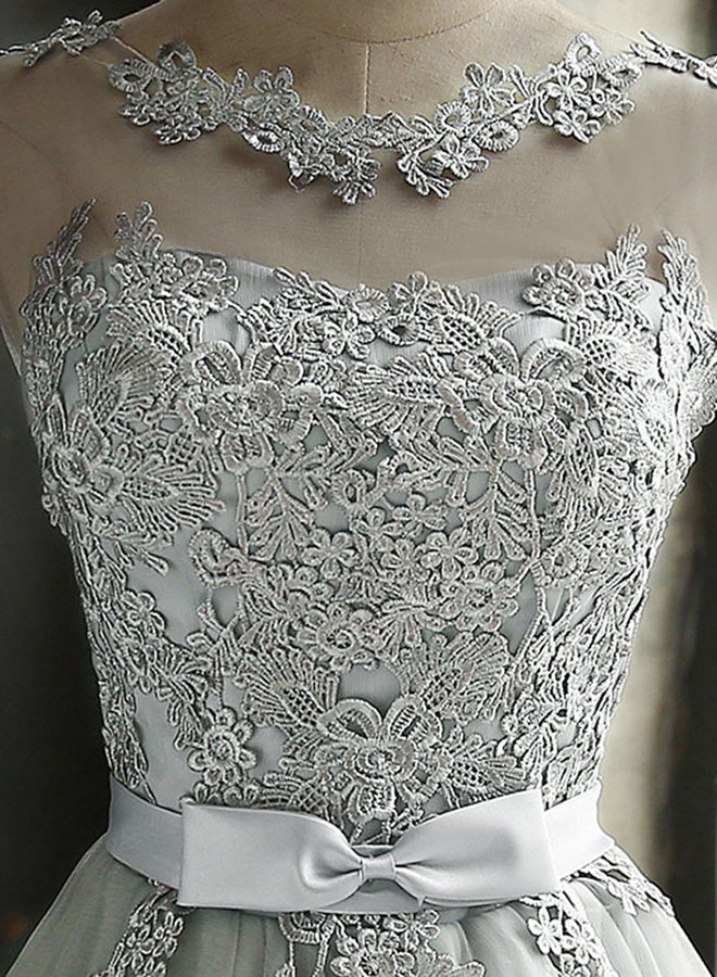 Sleeveless Embroidered Mesh Tulle Mini Dress Grey - Image 4