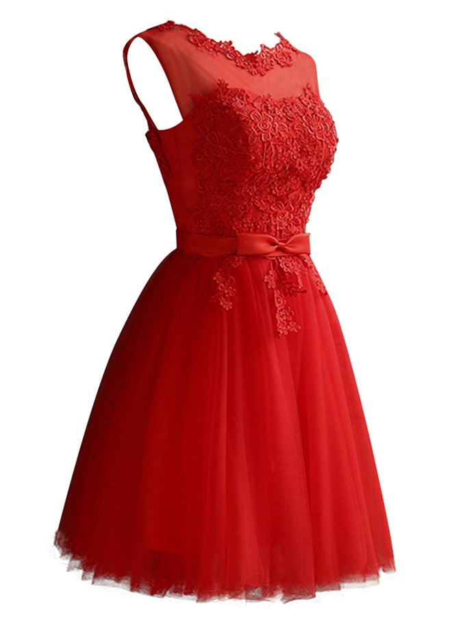 Sleeveless Embroidered Mesh Tulle Mini Dress Red - Image 3