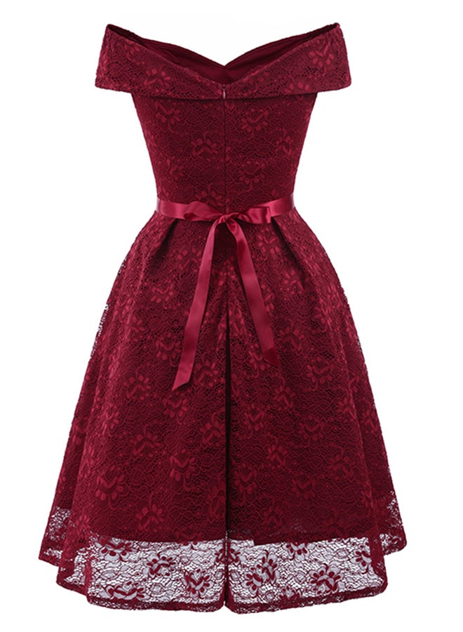 Off-Shoulder Bow Pleated A-Line Dress Burgundy  - Image 2