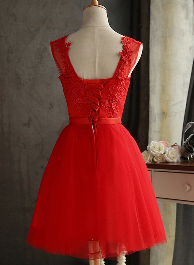 Sleeveless Embroidered Mesh Tulle Mini Dress Red - Image 5