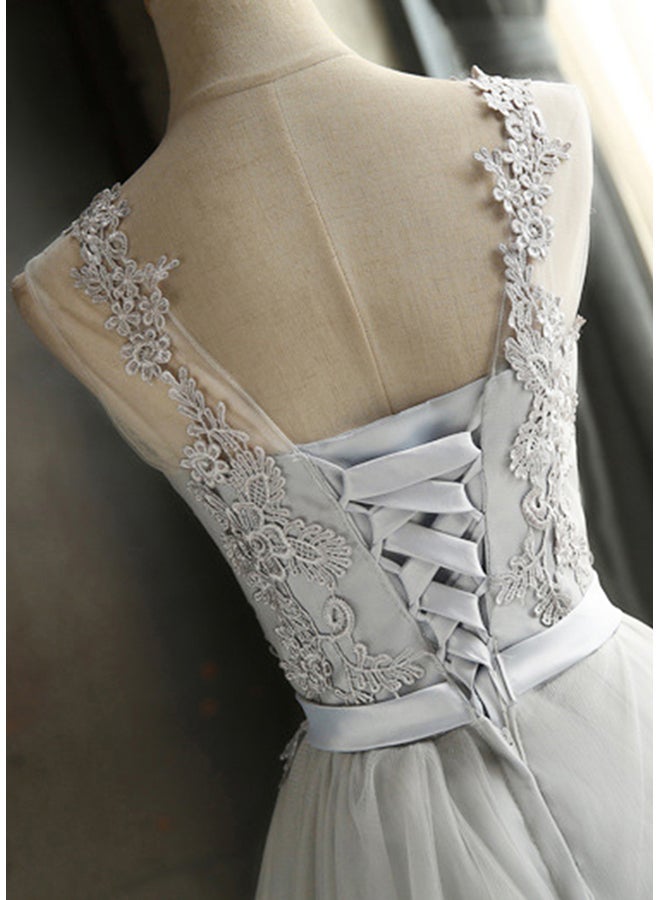 Sleeveless Embroidered Mesh Tulle Mini Dress Grey - Image 5
