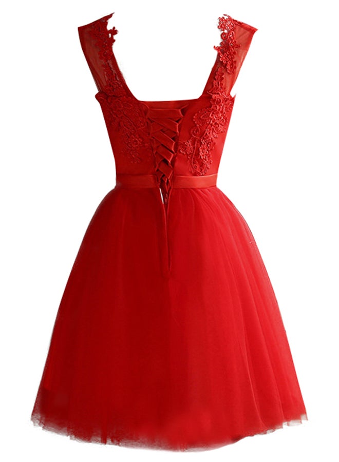 Sleeveless Embroidered Mesh Tulle Mini Dress Red - Image 2