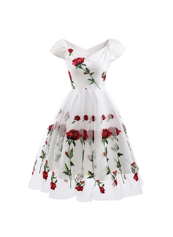 Floral Embroidered Mesh Mini Dress White  - Image 1
