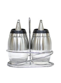 Cc 3-Piece Oil And Vinegar Bottle With Stainless Steel Rack Set Silver/Clear 18x9x18centimeter  - Image 1