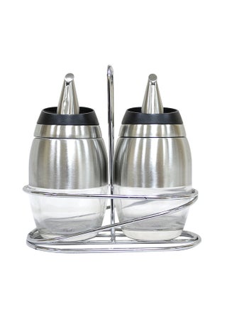 3-Piece Oil And Vinegar Bottle With Stainless Steel Rack Set Silver/Clear 18x9x18centimeter - v1572521040/N28739062A_1