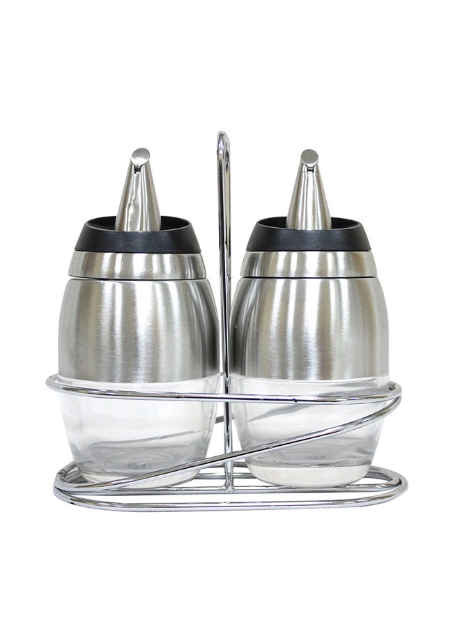 Cc 3-Piece Oil And Vinegar Bottle With Stainless Steel Rack Set Silver/Clear 18x9x18centimeter  - Image 1