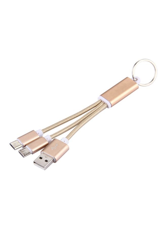 كابل شحن ومزامنة بيانات 3 في 1 بمنفذ مايكرو USB مع سلسلة مفاتيح ذهبي - Image 1
