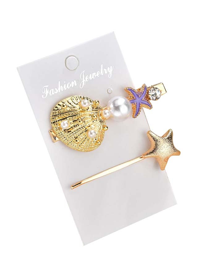 2-Piece Seashell Design Hair Clip With Imitation Pearl Gold