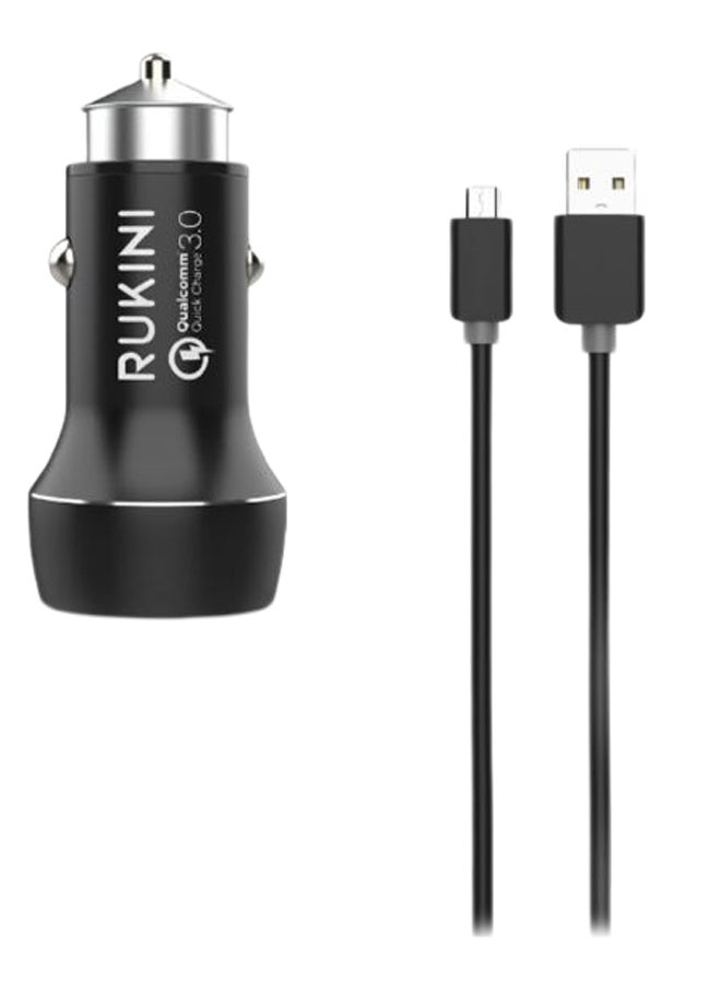 RUKINI - Dual USB Car Quick Charger 3.0 With Micro USB Cable Black/Silver - Image 1