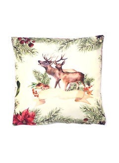 Alwan Reindeers Printed Cushion Cover Beige/Red/Green 40x40cm  - Image 1
