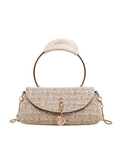 Plaid Pattern Ring Shape Handle Clutch Bag White