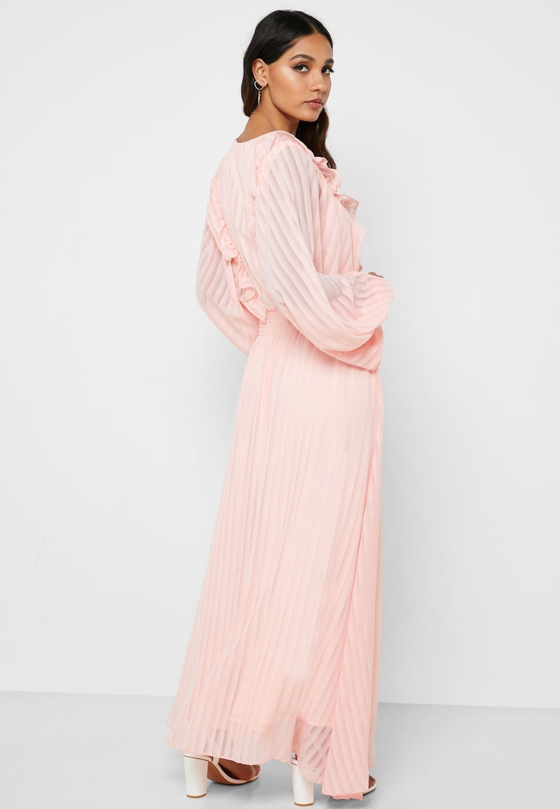 Iconic Ruffle Detail Deep V-Neck Dress Pink - Image 2