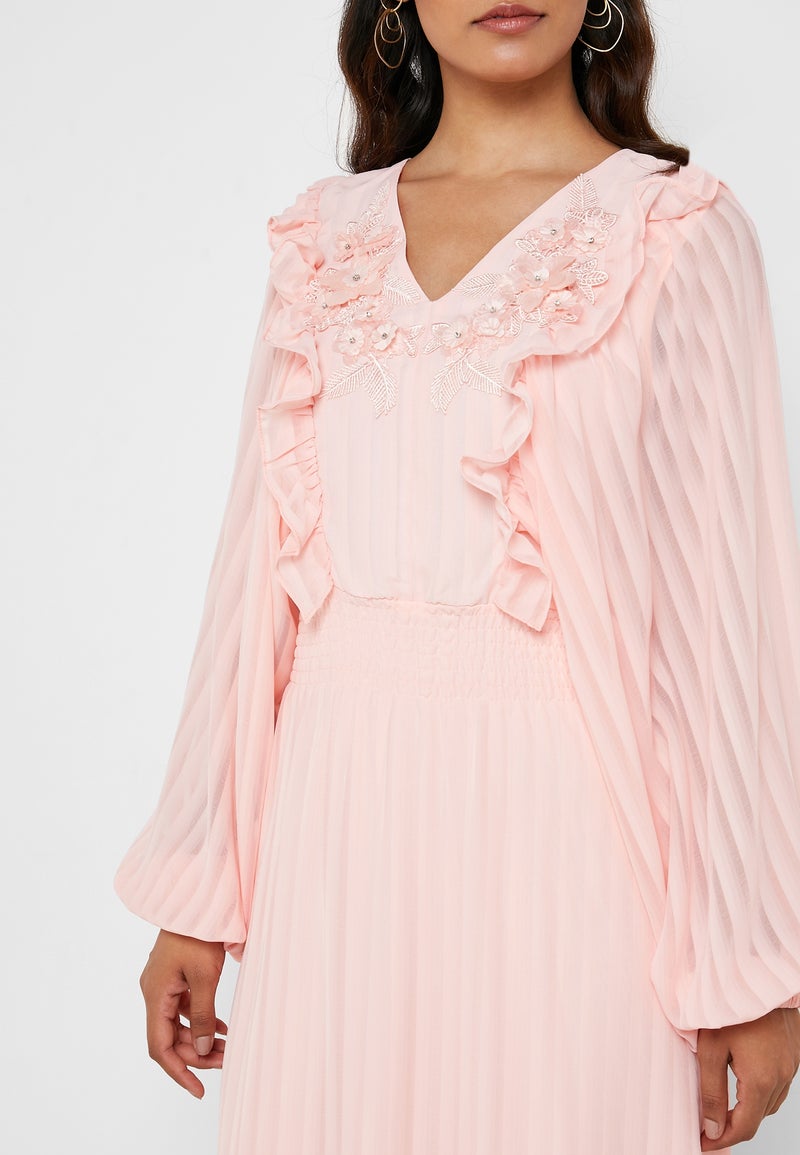 Iconic Ruffle Detail Deep V-Neck Dress Pink - Image 3