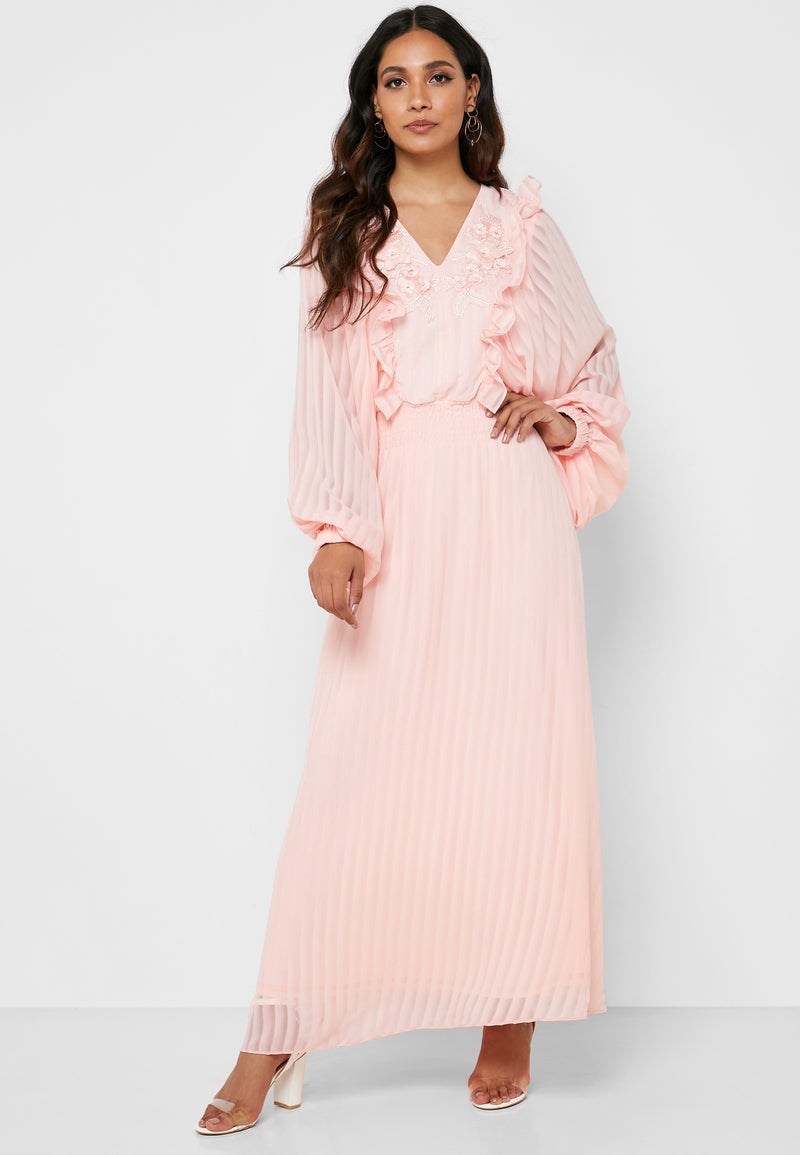 Iconic Ruffle Detail Deep V-Neck Dress Pink - Image 1