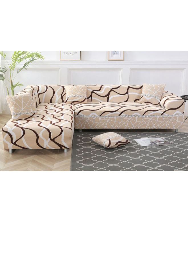 Wavy Lines Pattern Non-Slip Sofa Cover With Cushion Cover Free Beige/Brown/White  - Image 2