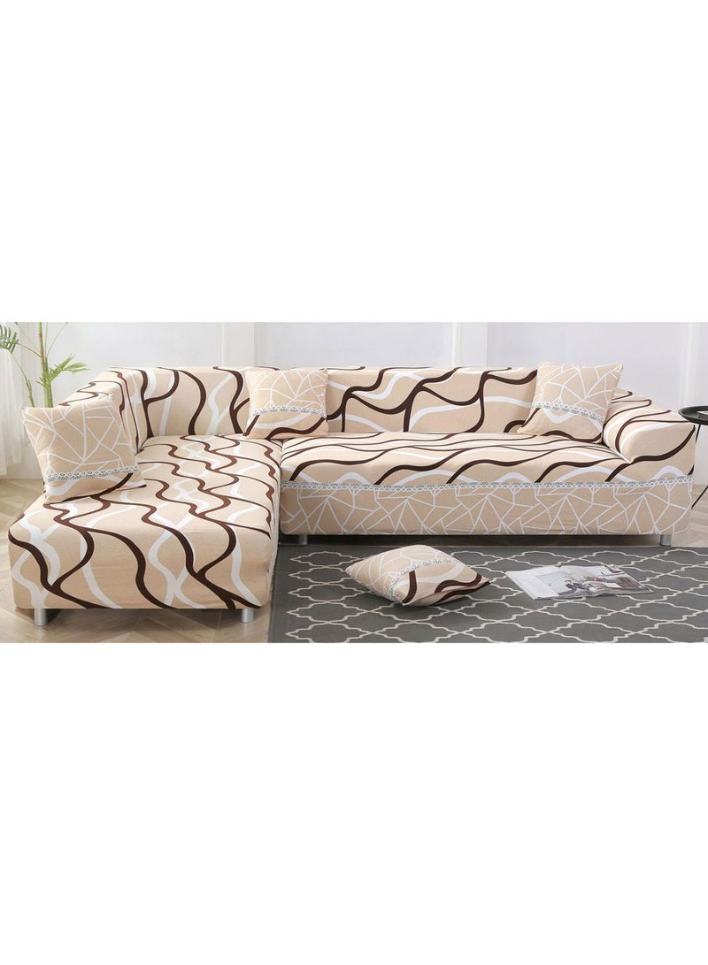 Wavy Lines Pattern Non-Slip Sofa Cover With Cushion Cover Free Beige/Brown/White  - Image 1