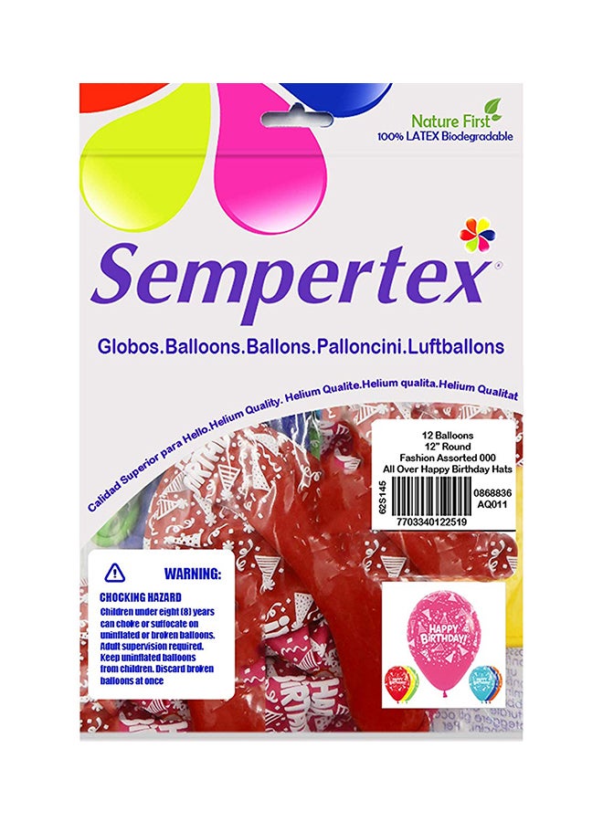 Sempertex 12-Piece All Over Happy Birthday Hats Round Latex Balloon 12inch - Image 2