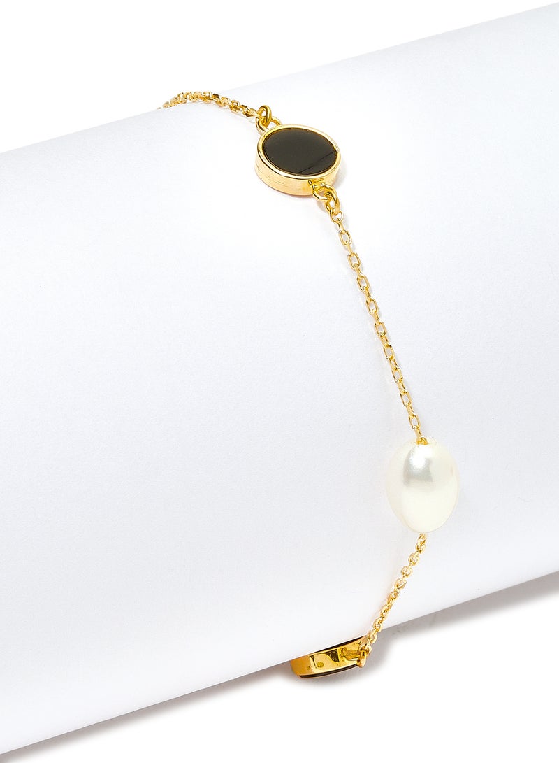 Capri Gold - 18 Karat Gold Black Onyx And Pearl Three Stone Bracelet - Image 1